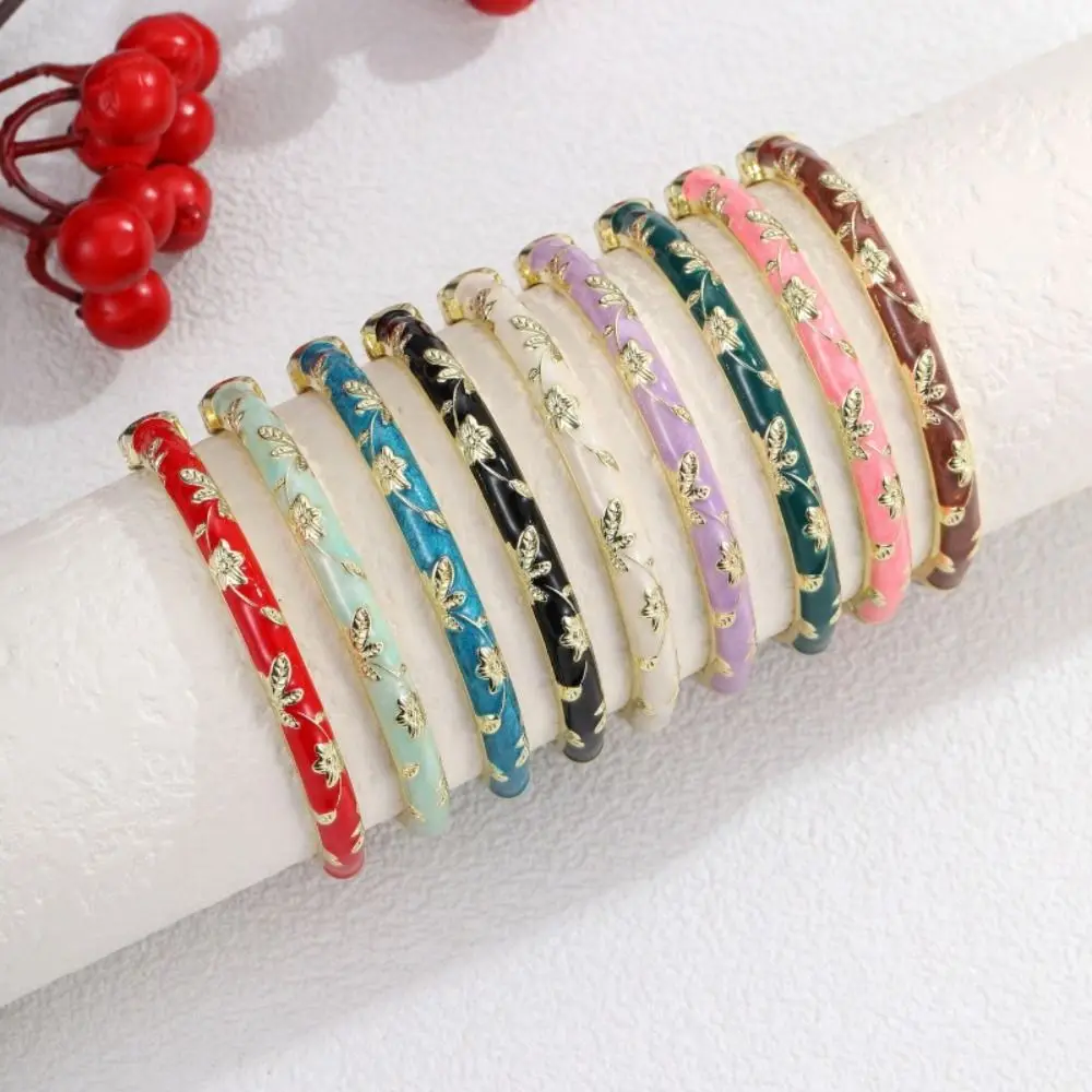 Gold Color Enamel Bangle Bracelet Leaf Floral Pattern Small Flower Design Open Cuff Bracelet Retro Style Versatile Design