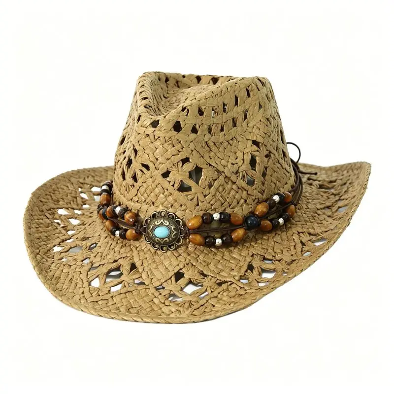Beach sun , , spray-painted, hollowed-out design, jazz-style, Western cowboy , paper rope, handmade straw hat