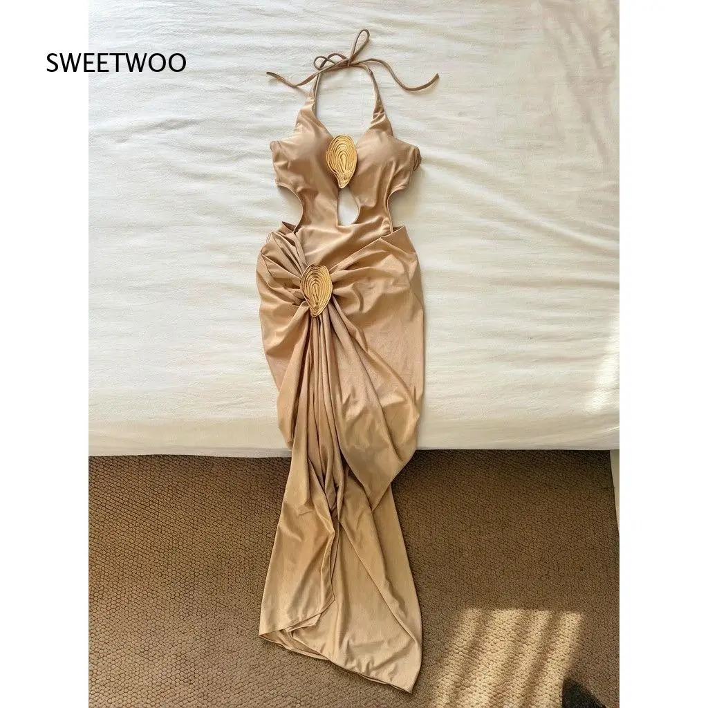 Women Halter One Piece Swimsuit With Detachable High Slit Cover Up Skirt Cutout Front Decorative Patch Design For Beach