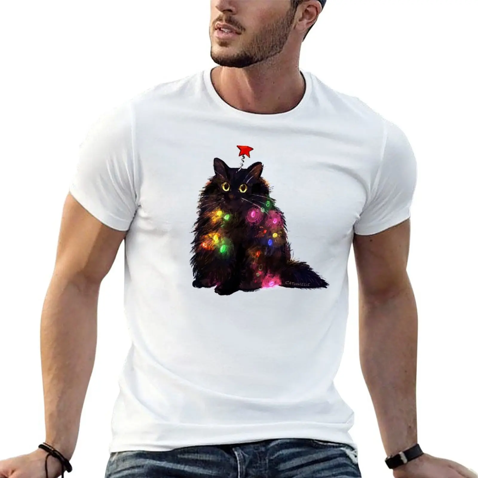 12 Day of Catmas Day 1: Christmas Lights Black Cat T-Shirt heavyweights anime tshirt mens t shirt