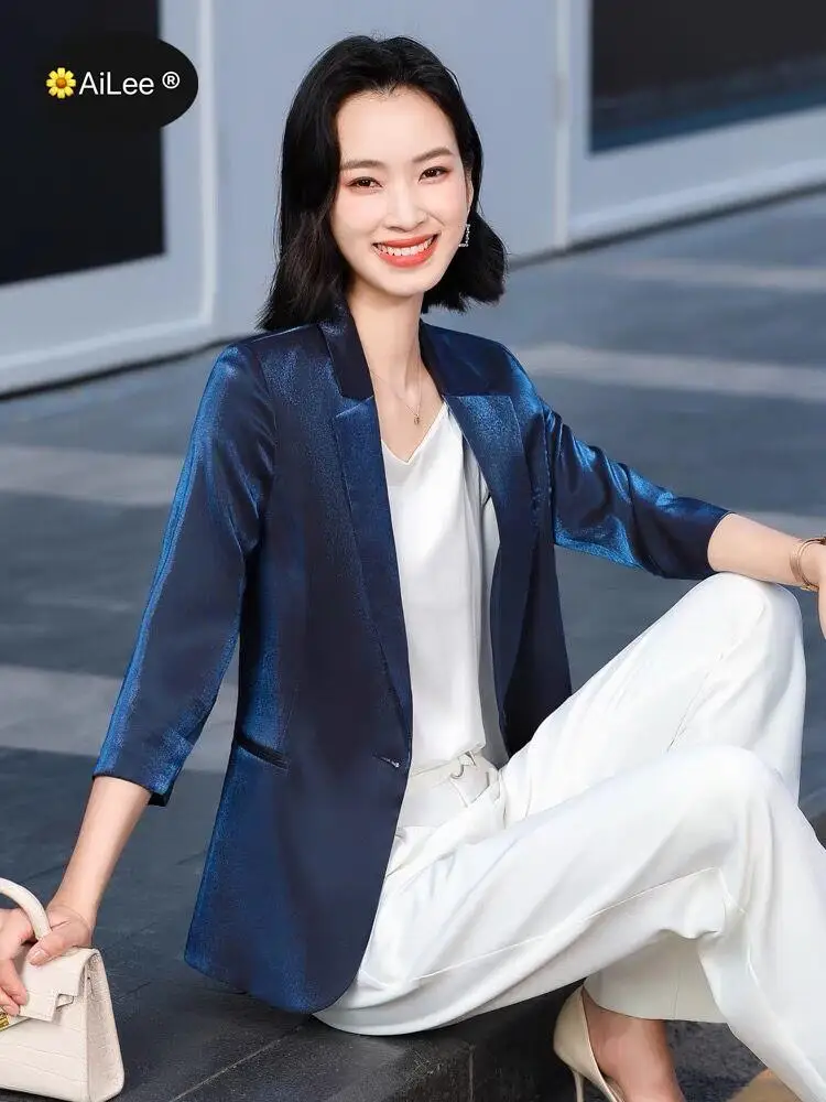 Luxury Satin Silk Blazer Lady 3/4 Sleeve Summer Thin Coat Formal Business Office Work Single Button Jacket Senior Streetwear