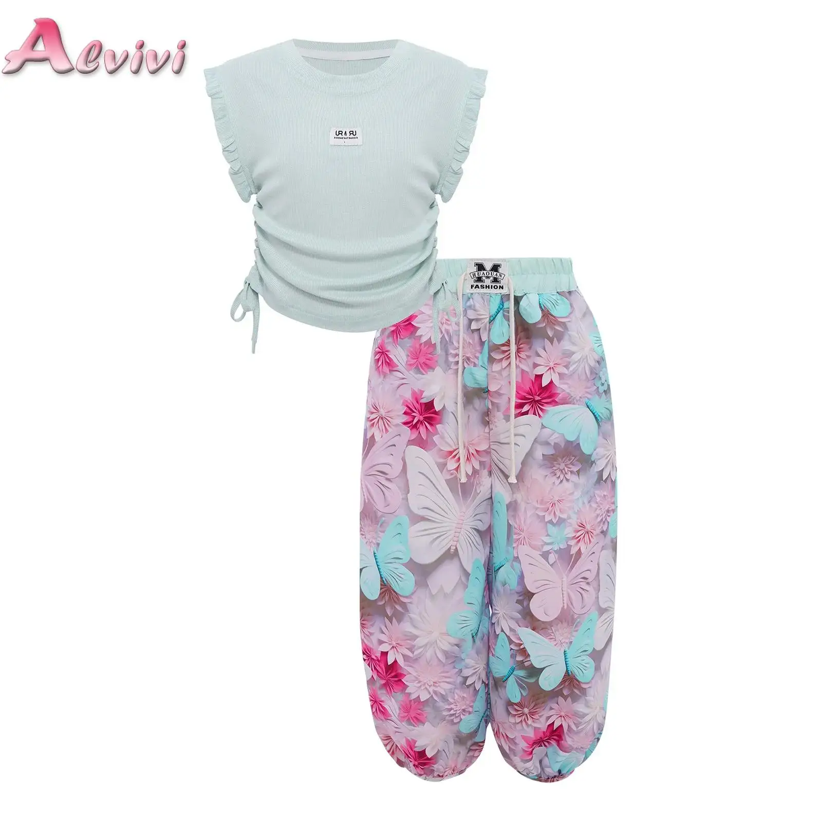 

2025 Summer Girls' Two-piece Sets Ruffled Sleeve Drawstring Short Sleeve Top Casual Fashion Mosquito Pants Set Children Clothing