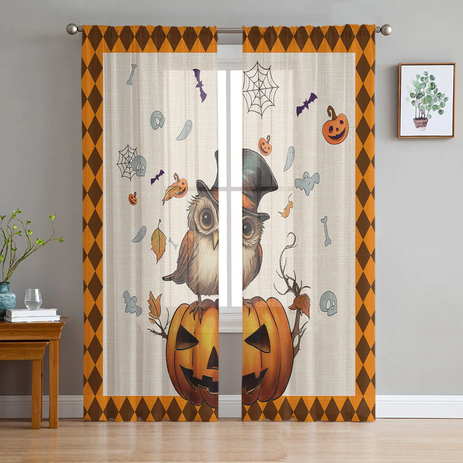 Halloween Pumpkin Owl Branch Sheer Curtains For Living Room Tulle Window Curtain Bedroom Kitchen Veil Drapes