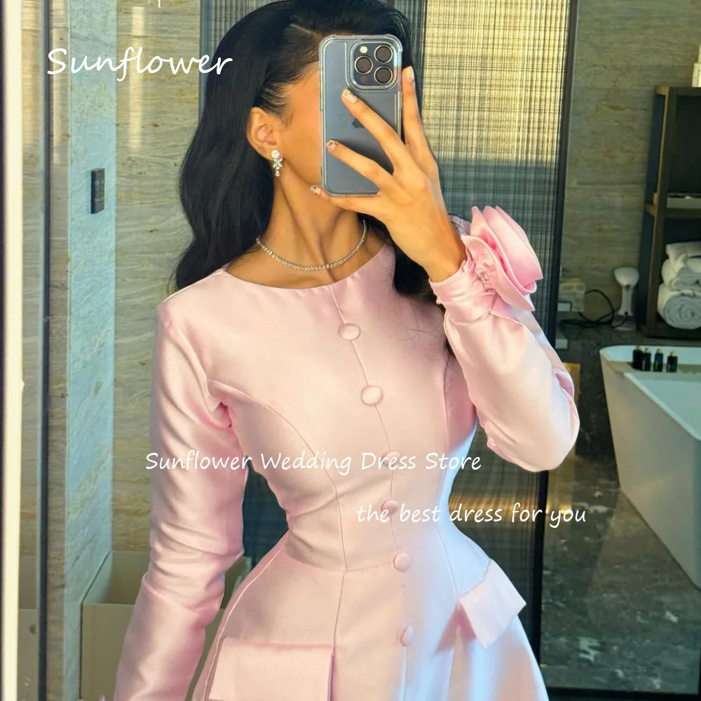 Sunflower Simple Pink O-Neck A-LINE Prom dress 2024 Slim Long Sleeve With 3D Flowers Satin Ankle-Length Formal Evening Dress