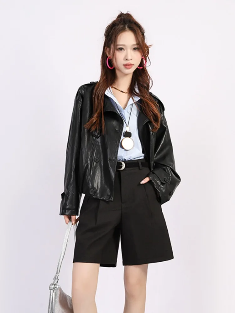 Slimming Short Retro Washed Protein Leather Jacket Women's Fashionable Collared Outerwear Cool Casual Style Square Shoulder
