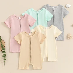 Summer Infant Baby Boy and Girl Overalls Casual Short Sleeve Round Neck Full Zip Ribbed Romper Jumpsuit Newborn Clothes