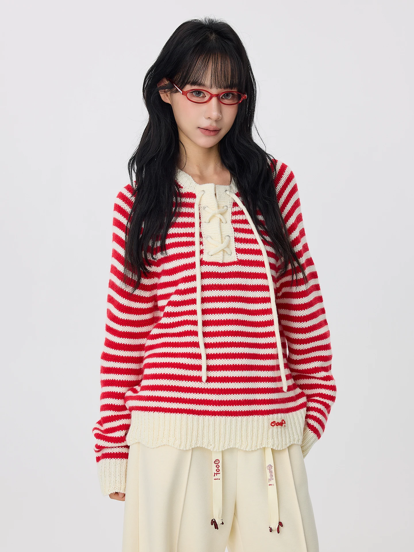

OoofYang Women's Red Striped Wool Sweater Loose Fit Inner Wear Winter Warm Base Layer Top Comfortable Slimming Effect