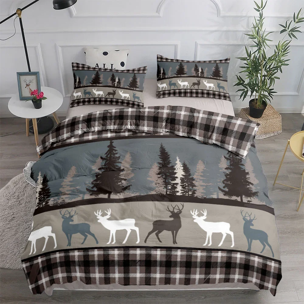 Vintage Forest Stag Plaid Duvet Cover Set King Queen Double Full Twin Single Size Bed Linen Set