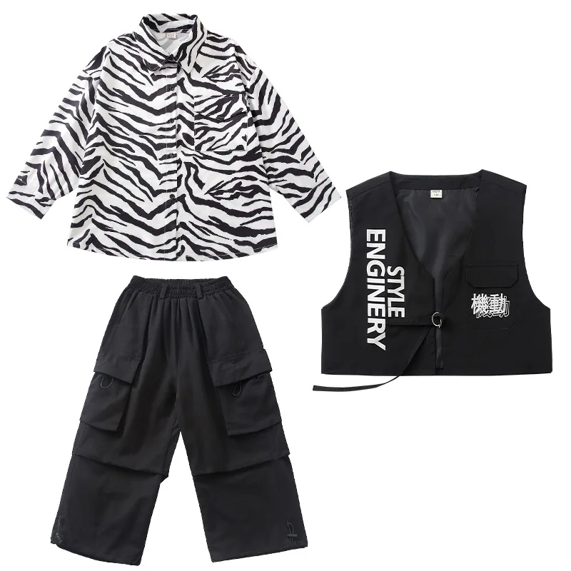 Kid Hip Hop Kleidung Streifen Druck Hemd Schwarze Weste Casual Straße Breite Tasche Cargo Hosen für Mädchen Junge Jazz Dance Kostüm Kleidung