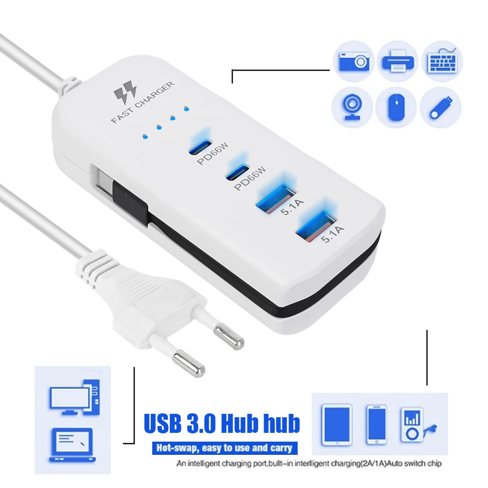 66W 4 Ports USB PD Mobile Phone Chargers Socket Type C High-speed Charging Extension Cable Cord QC3.0 Adapter with EU/US Plugs