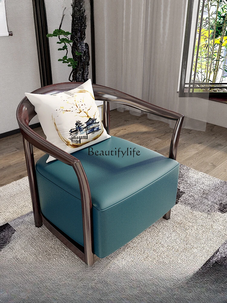 Living Room New Chinese Solid Wood round-Backed Armchair Three-Piece Set Single Leisure Sofa Band Backrest Armchair Palace Chair