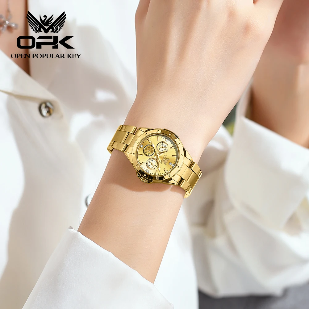 OPK 6001 Wristwatch for Women Fashion Trends Stainless steel Strap Waterproof Full Gold Watches