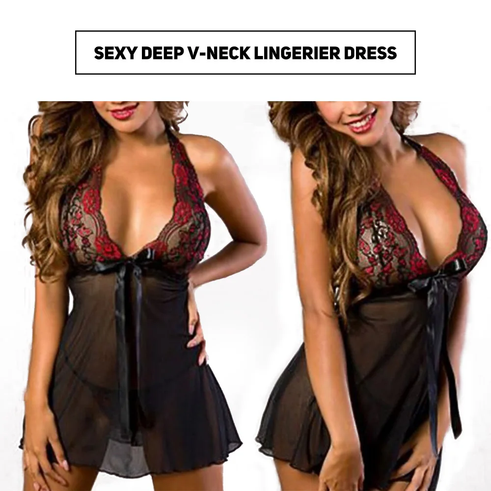 Women Sexy Deep V-neck Lace Lingerie Nightgown Sleepwear Halter Sexy Underwear G String Babydoll Nightdress