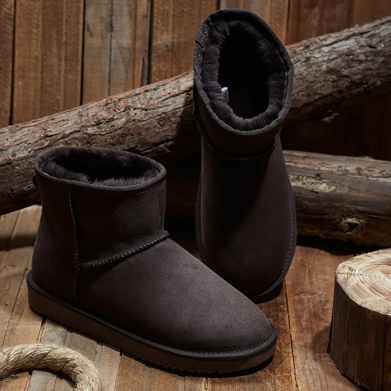 KZZO Size 37-48 Australia Classic Real Sheepskin Suede Leather Men Sheep Wool Fur Lined Winter Short Ankle Snow Boots Grey Shoes