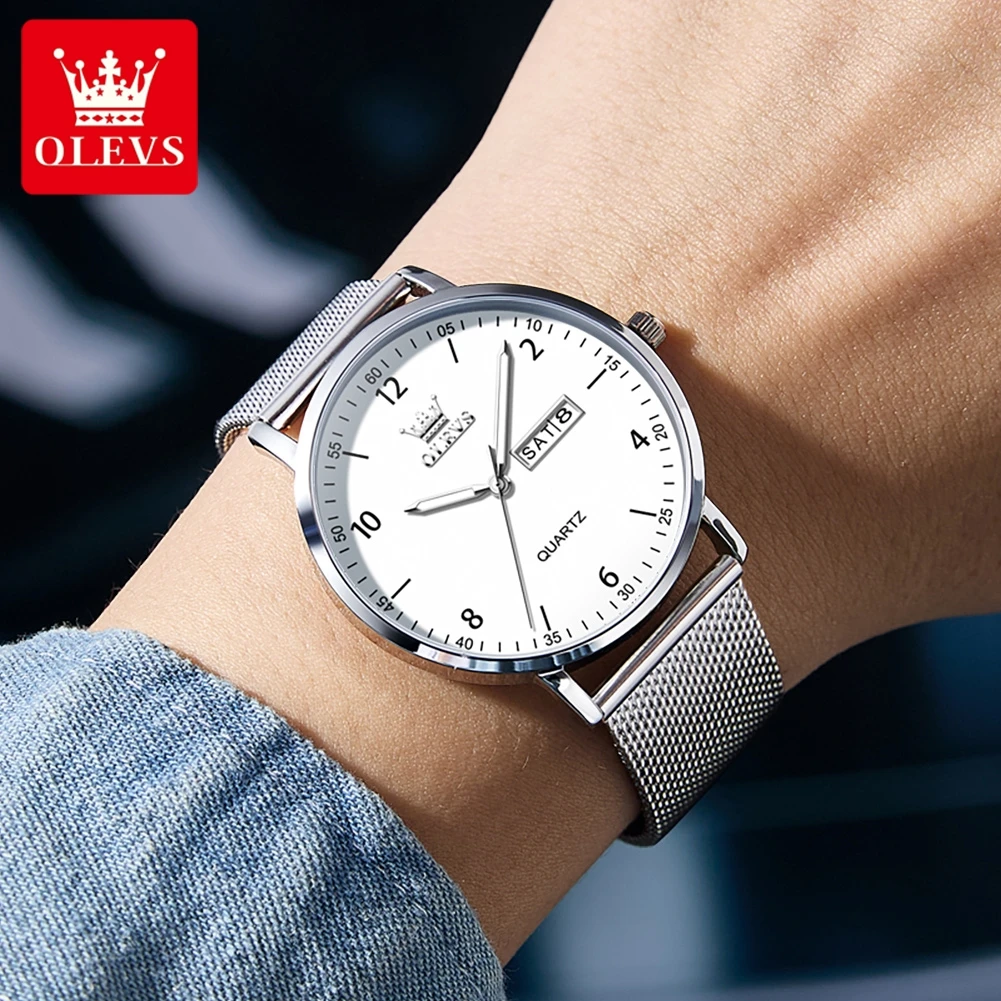 OLEVS Couple Watches Simple Fashion Stainless Steel Mesh Strap Original Quartz Wristwatch for Lover Exquisite Gift Box 2996 New
