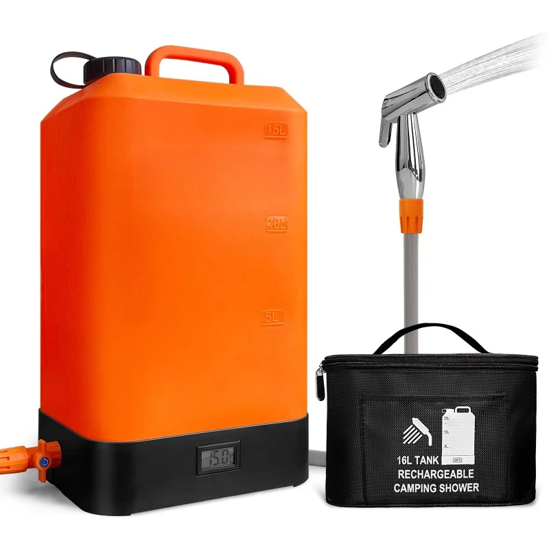 

2024 new Portable Camping Shower 4.5 Gallon Silicone Water Tank USB Recharge Solar Heating Electric shower Built in Thermometer