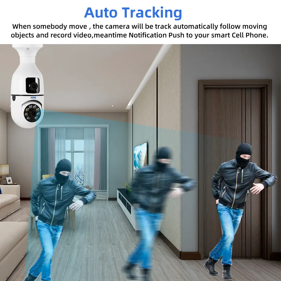 كاميرا KERUI 6MP مزدوجة العدسة WiFi IP 5G كاميرا E27 لاسلكية PTZ مع كاميرا مراقبة تتبع تلقائي لمراقبة المنزل