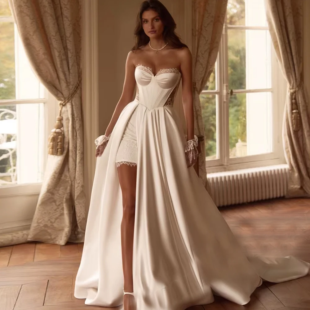 Customized Fashion Satin Strapless  Wedding Dresses For Women Bride Sleeveless Lace Slit Robe  Personalized  Bridal Gown