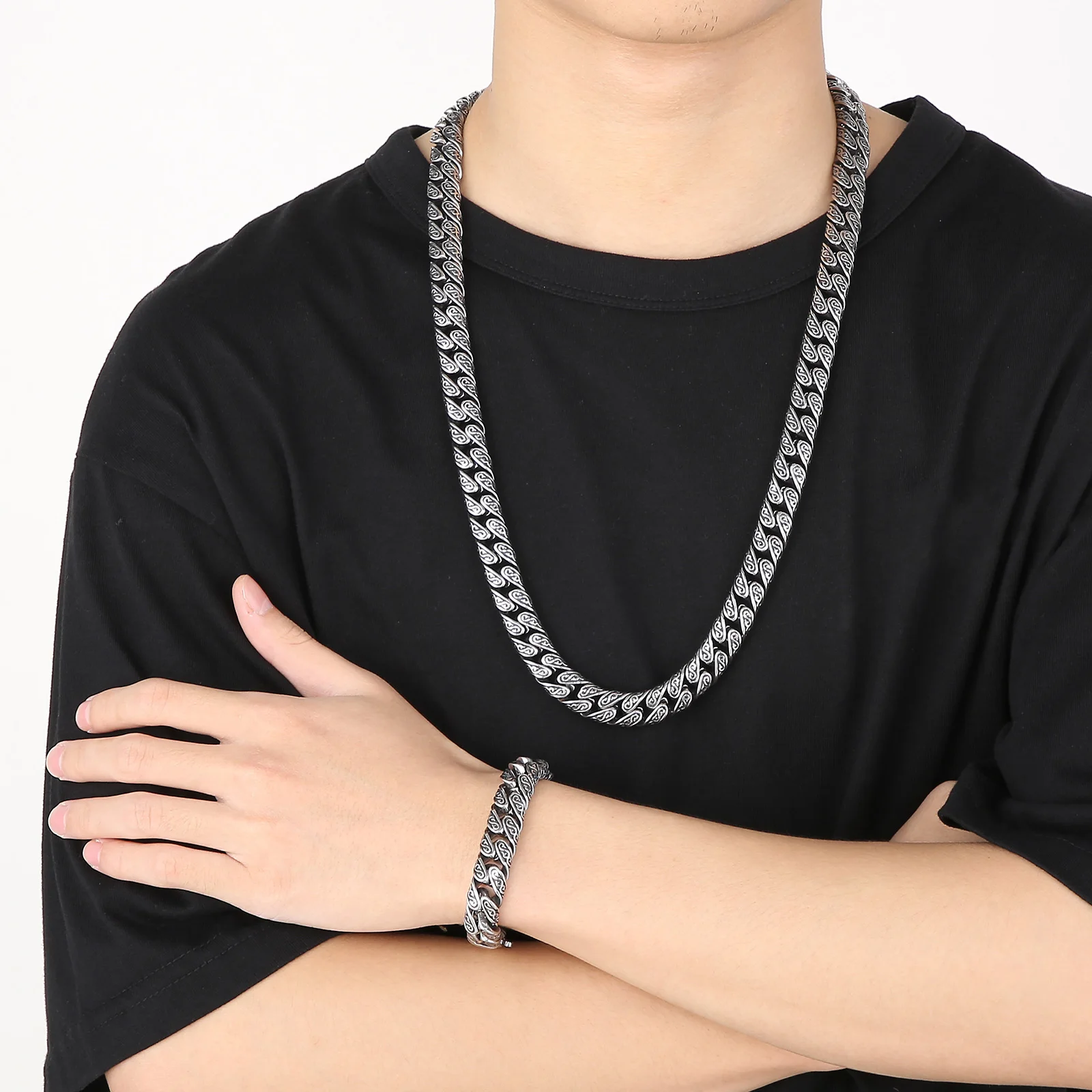 12mm Vinatge Punk Curb Cuban Chain Bracelet & Necklace & Trouser Chain Jewelry Set For Men