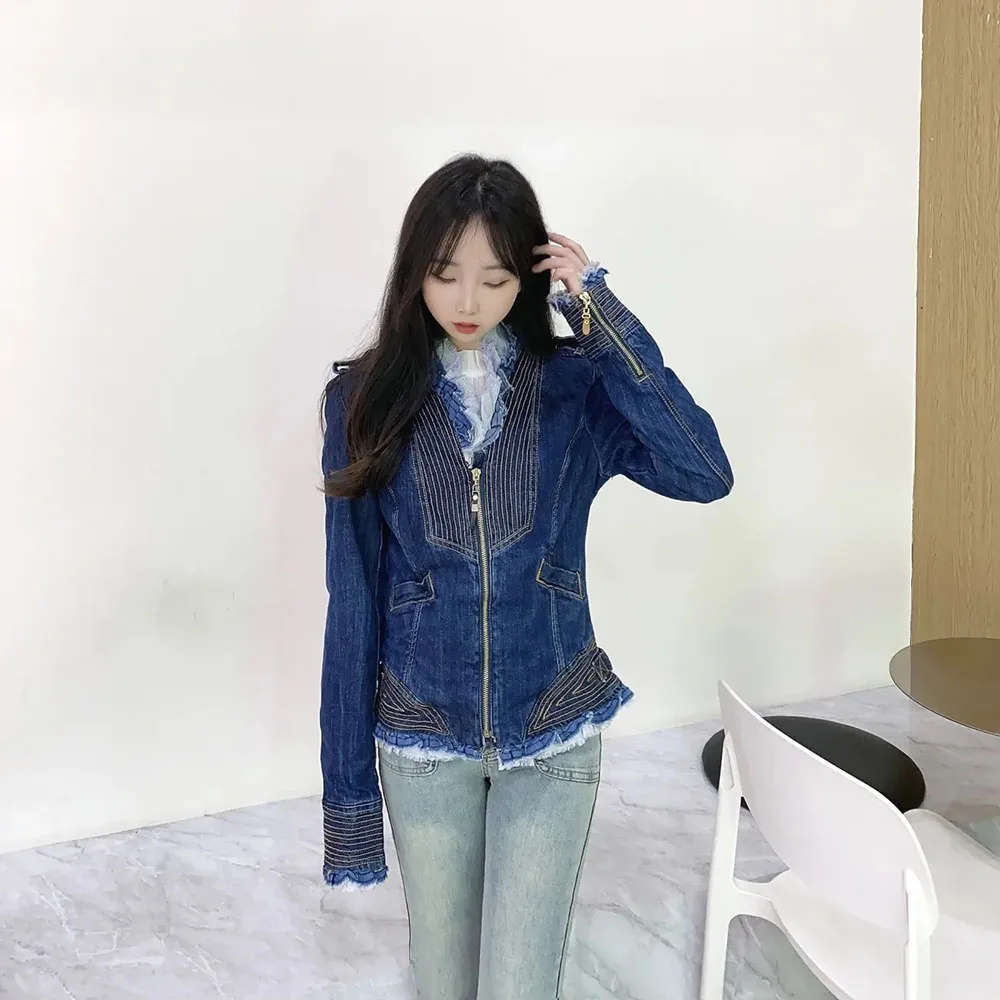 Ruffle Collar Sweet Denin Jacket Ladies Vintage Washed Long Sleeve Zipper Jean Coat Womens High Waist Elegant Female Outerwear