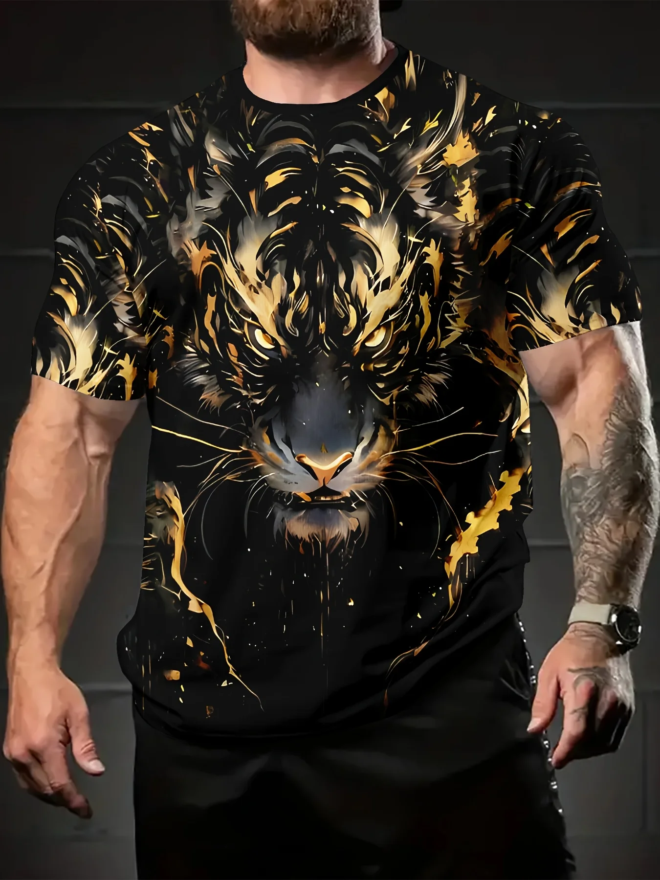 2026 Hot Selling Fashion New Cool Men's 3D Printing Cool Serious Tiger Leopard Muscle Design Loose Streetwear Shirt Large Size