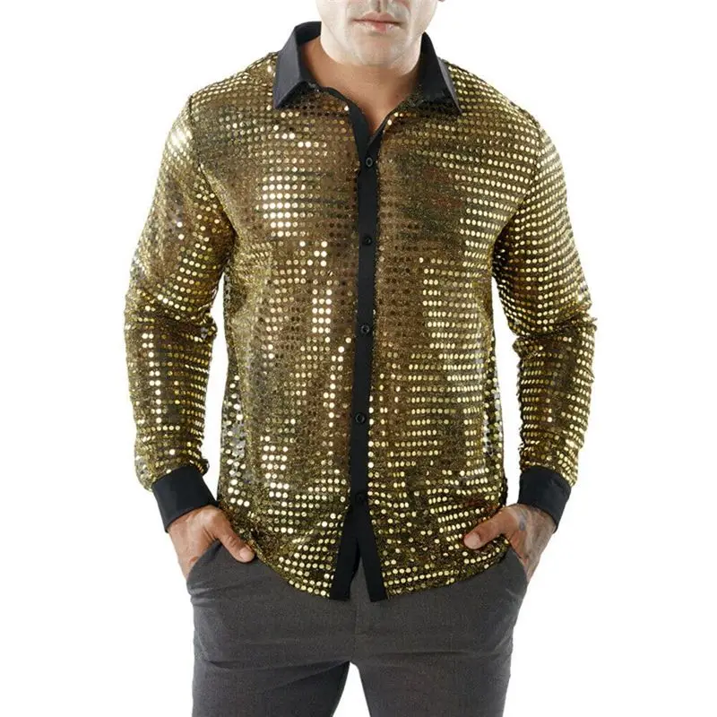 Men's Sequins Shirt Spring Autumn Long Sleeve Turn down Collar  Neck Thickened Fleece Inner Special Wide Fit