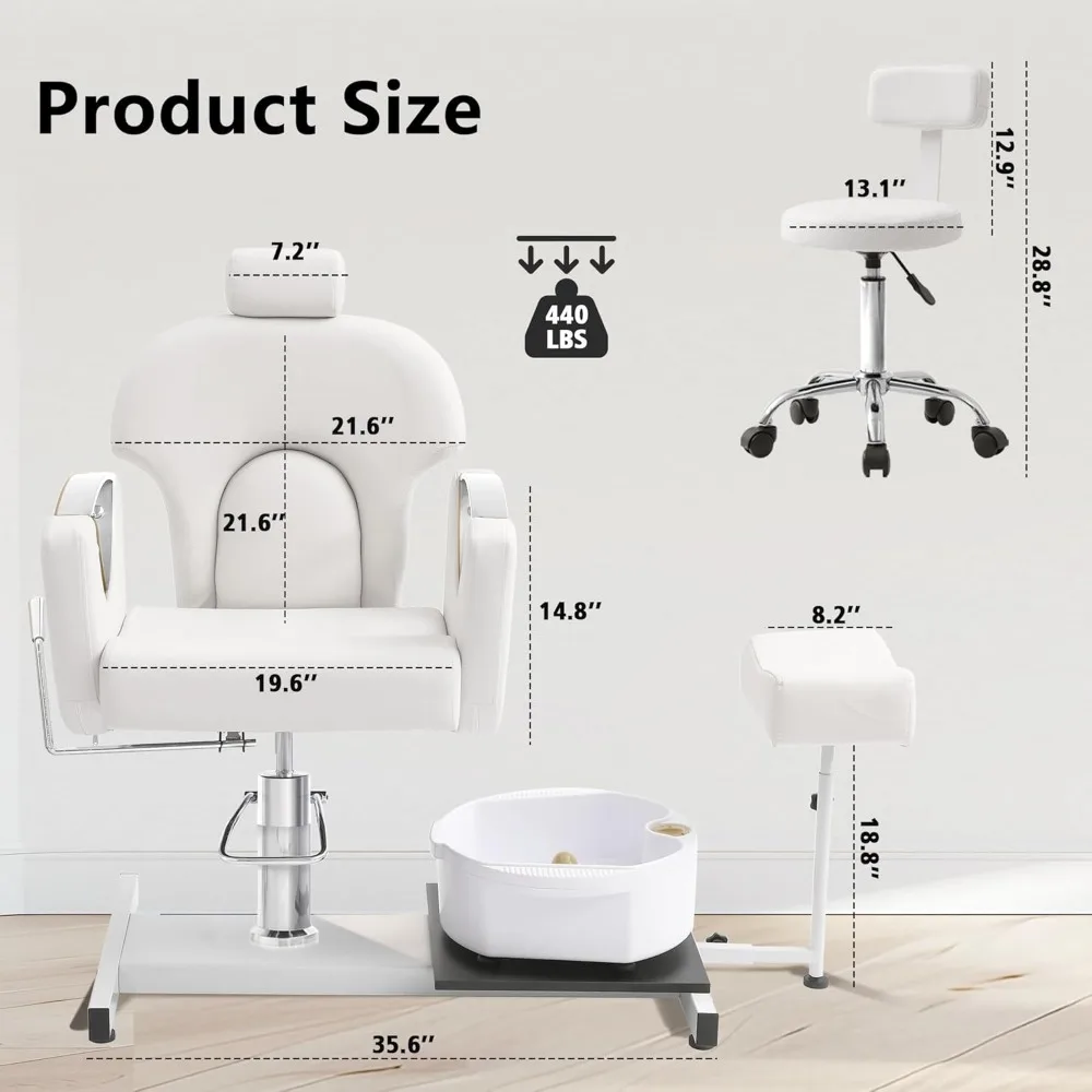 Poltrona per pedicure senza idraulico con spa per piedi e sgabello per massaggio, stazione per pedicure reclinabile con sollevamento idraulico regolabile, 360 °   Girevole