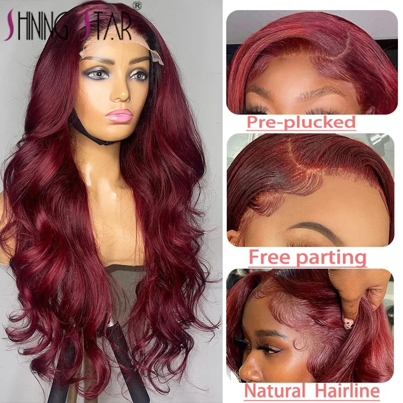 Super Long 32" 13X4 Body Wave Lace Frontal Wigs 99J Burgundy Lace Front Human Hair Wig Colored Transparent Curly Human Hair Wigs