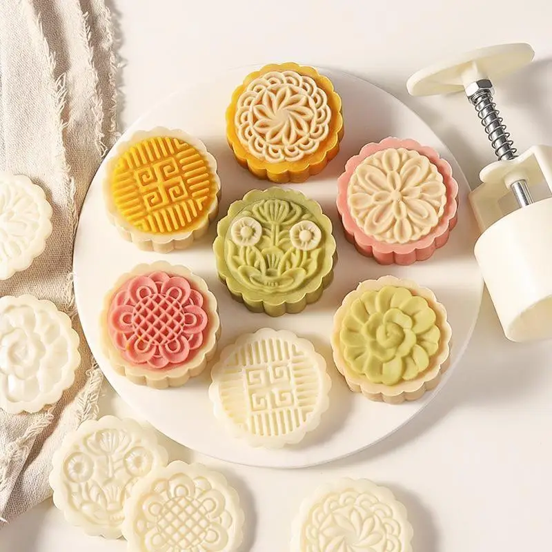 NewPlastic Hand Pressure Mooncake Mold Cookie Stamps Flower Cherry Pattern Mid Autumn Pastry Decoration Tool Mid-Autumn Festival