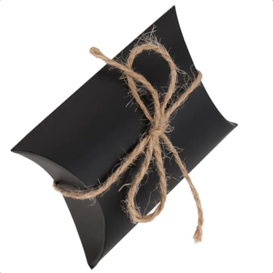 150 Pack 5 x 3.5 Inches Black Pillow Boxes Large Black Pillow Boxes with Jute Twins Kraft Party Favor Pillow Candy Box for Birt