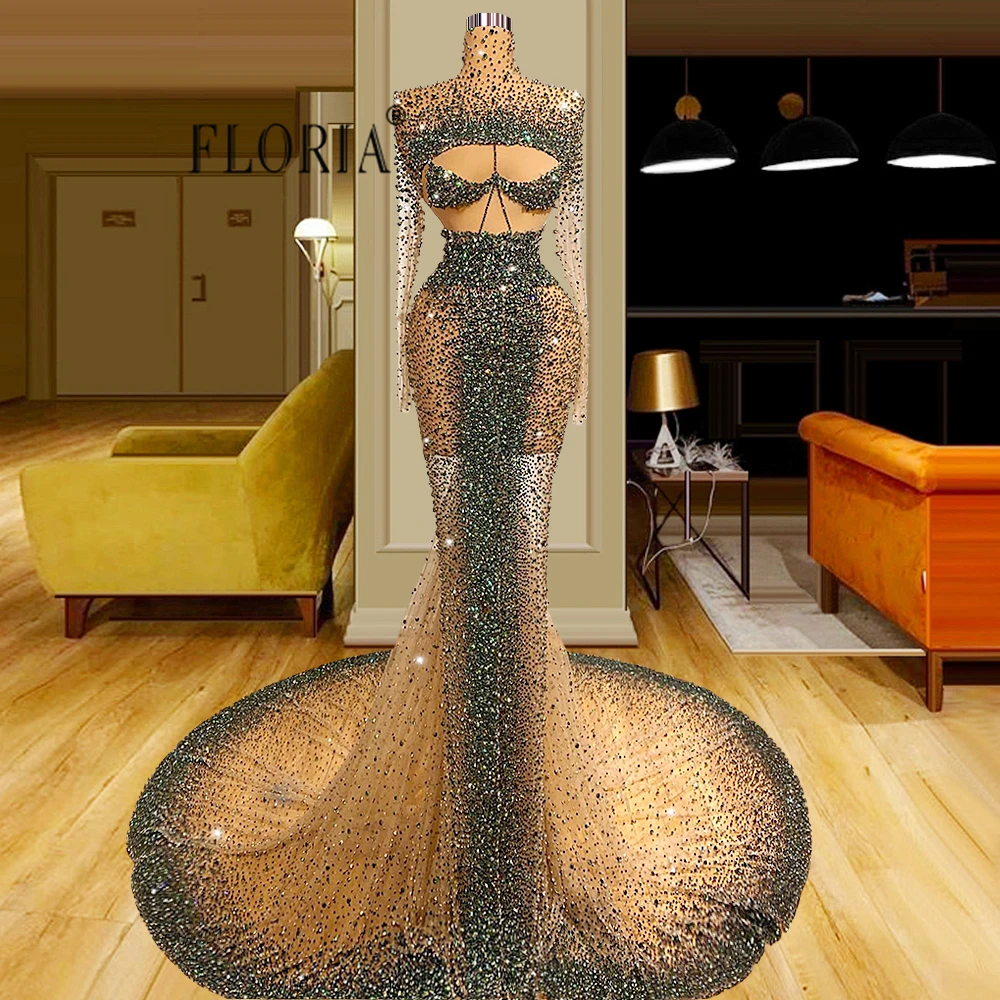 

Luxurious Heavy Beaded Long Dubai Formal Evening Dresses 2022 Mermaid Sexy Sweep Train vestido de festa Custom Made Saudi