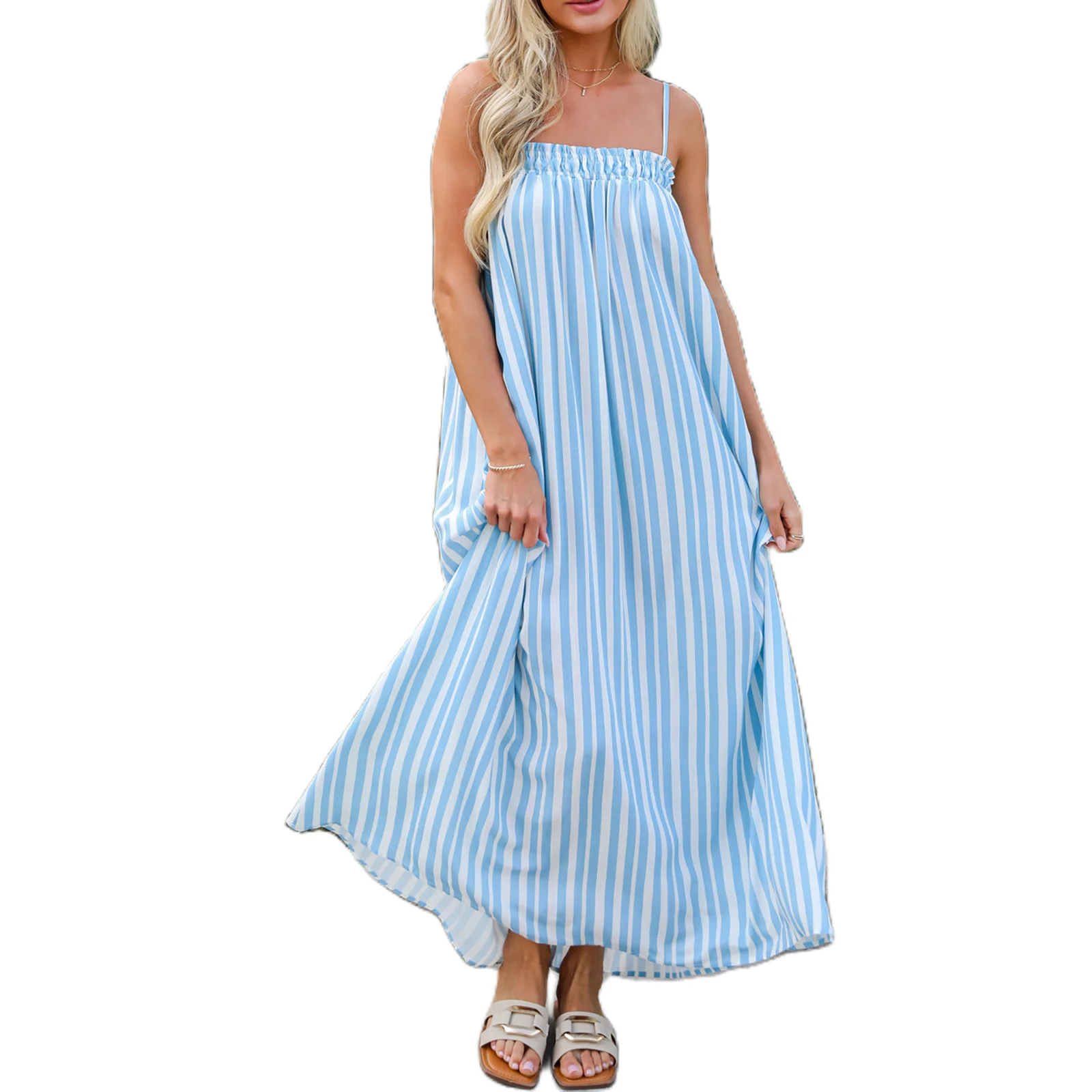 

Women Striped Cami Dress Summer Casual Spaghetti Strap Square Neck Backless Smocked Beach Dresses for Vacation Daily