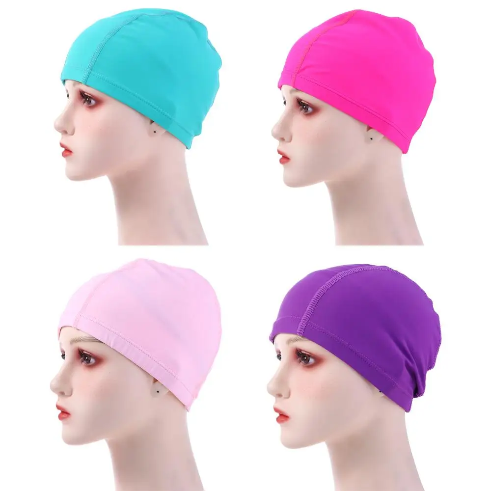 Solid Color Men Women Long Hair Bathing Cap Elastic Nylon Water Sport Protect Ears Pool Swimming Hat Waterproof