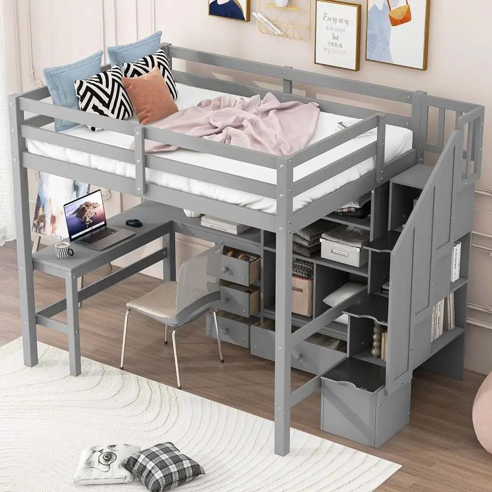 

Twin Size L-Shaped Desk Loft Bed with Bookcase and Storage Steps for Kids, Teens, Adults - Gray