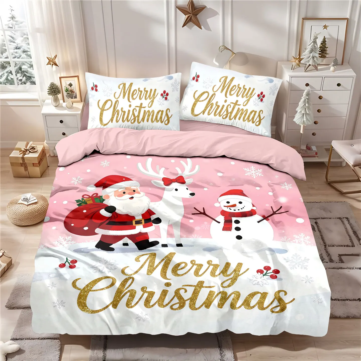 3pcs Santa Claus printed coreless down comforter set with soft bedroom and dormitory decorations in various sizes