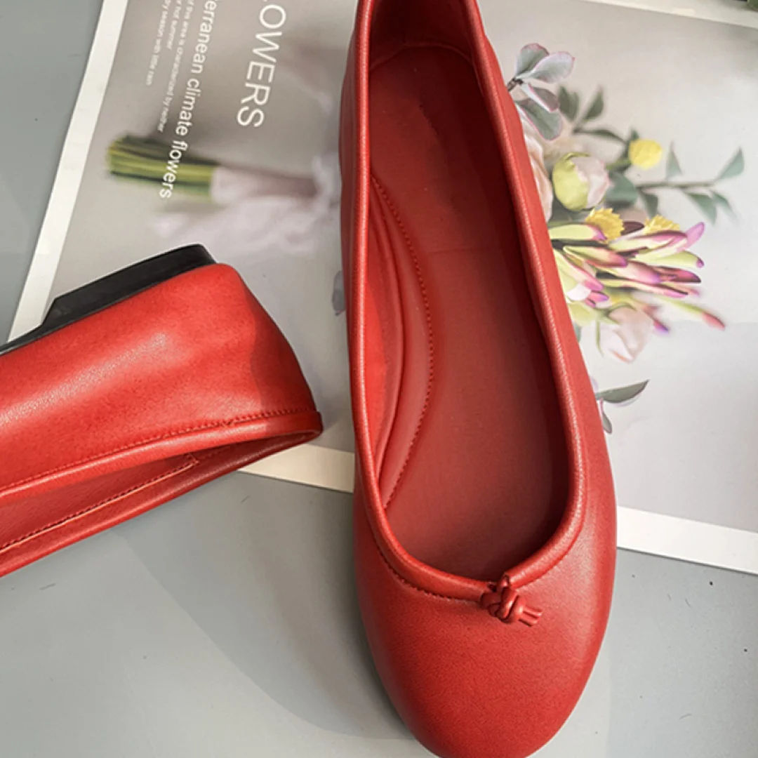 

Maxdutti 35-40Fashion Ladies Commuting Super Sofu Round Toe Bow Slip On Ballet Shoes Red Color Lazy Genuine Leather Loafer Shoes