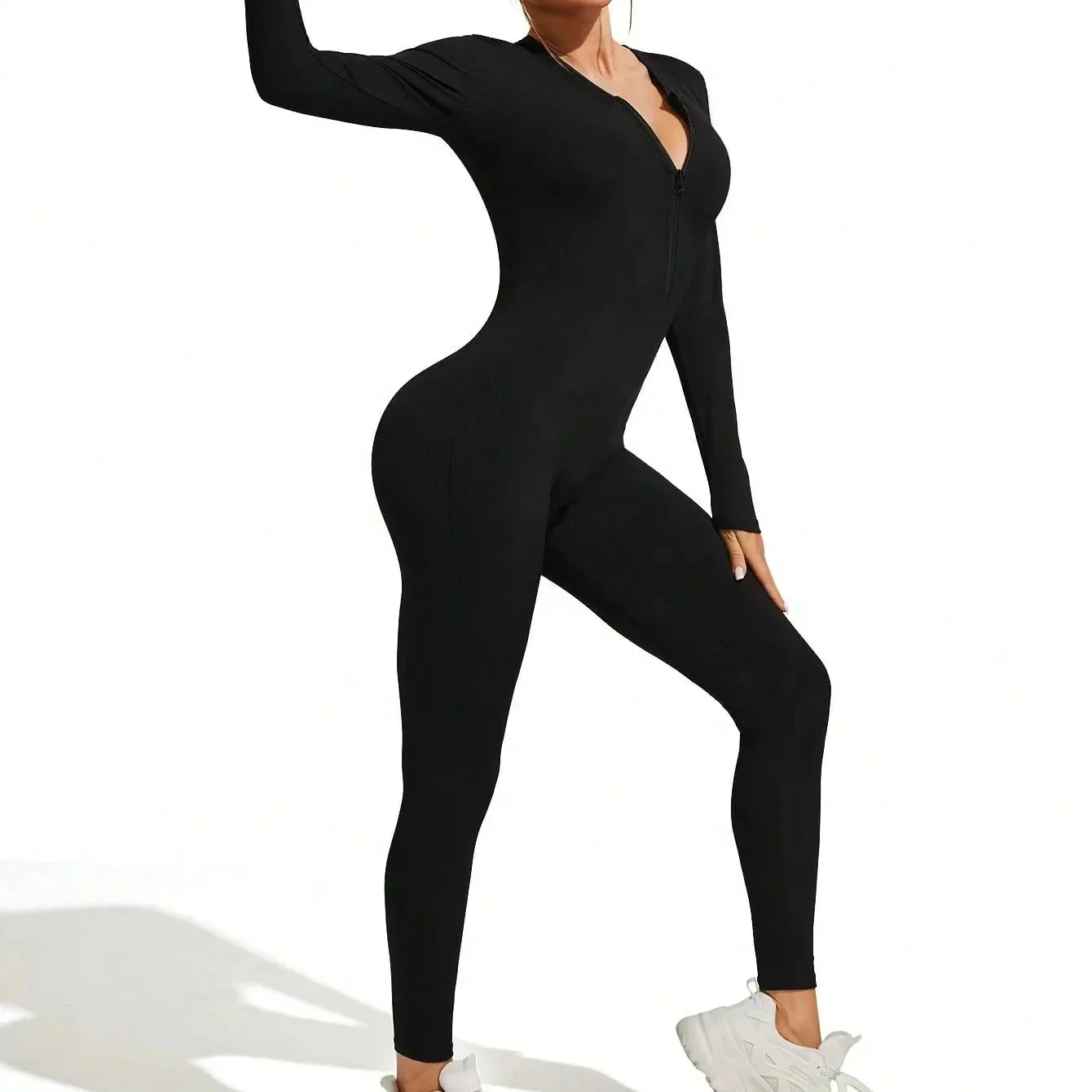 

Fall new hot sale sexy bodysuit for women solid color ribbed long sleeve zipper bodycon sporty clothing rompers women's jumpsuit