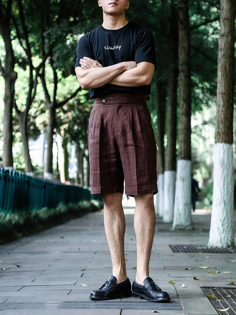 POT&CRAFTSMAN spring and summer Italian casual five-minute shorts men's pure linen high-waisted Paris button loose Chinese pants