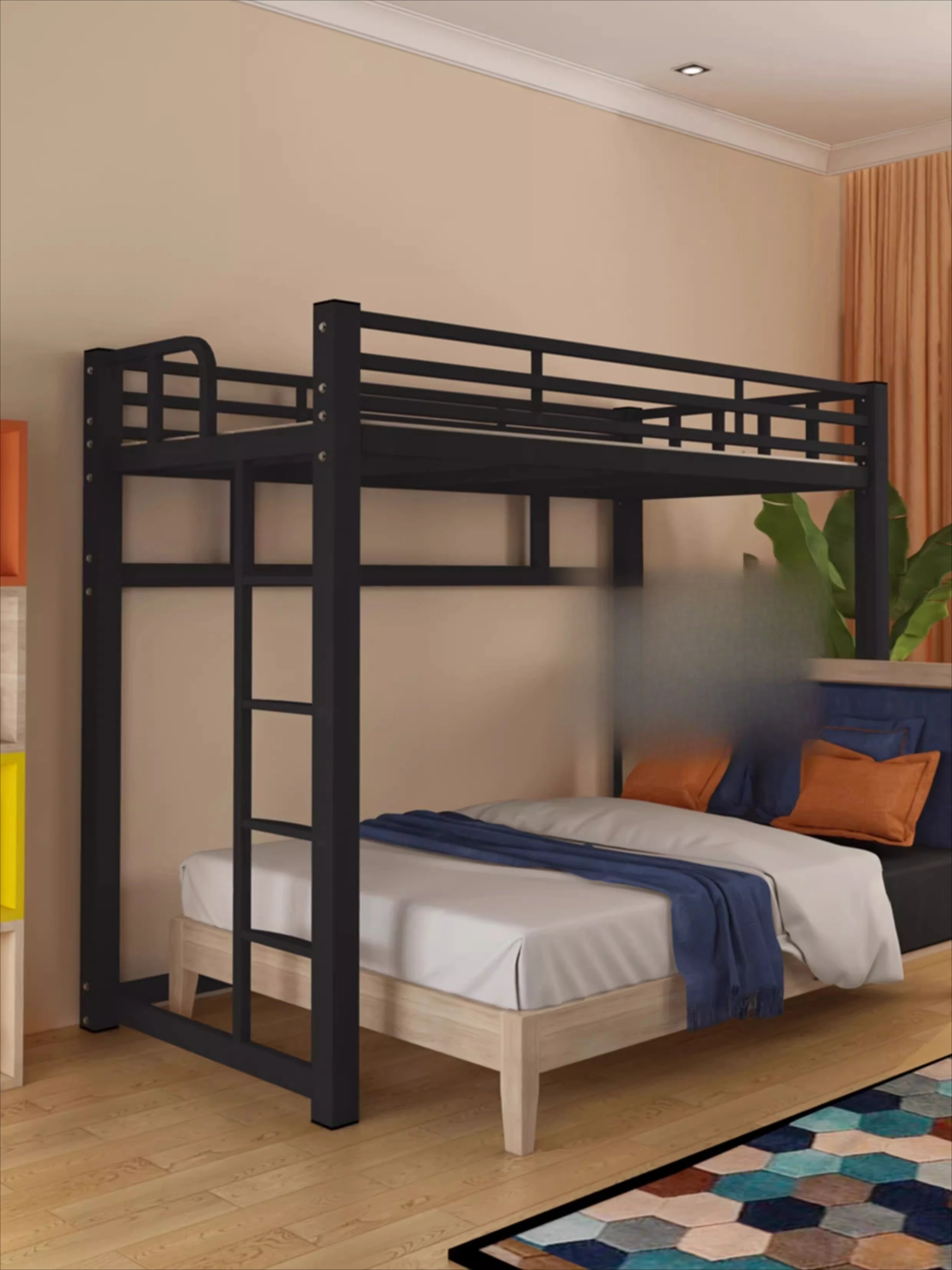 استئجار قطعة أثرية جديدة، سرير مرتفع موفر للمساحة، سرير مرتفع من الحديد المطاوع، طاولة سفلية مفردة #6