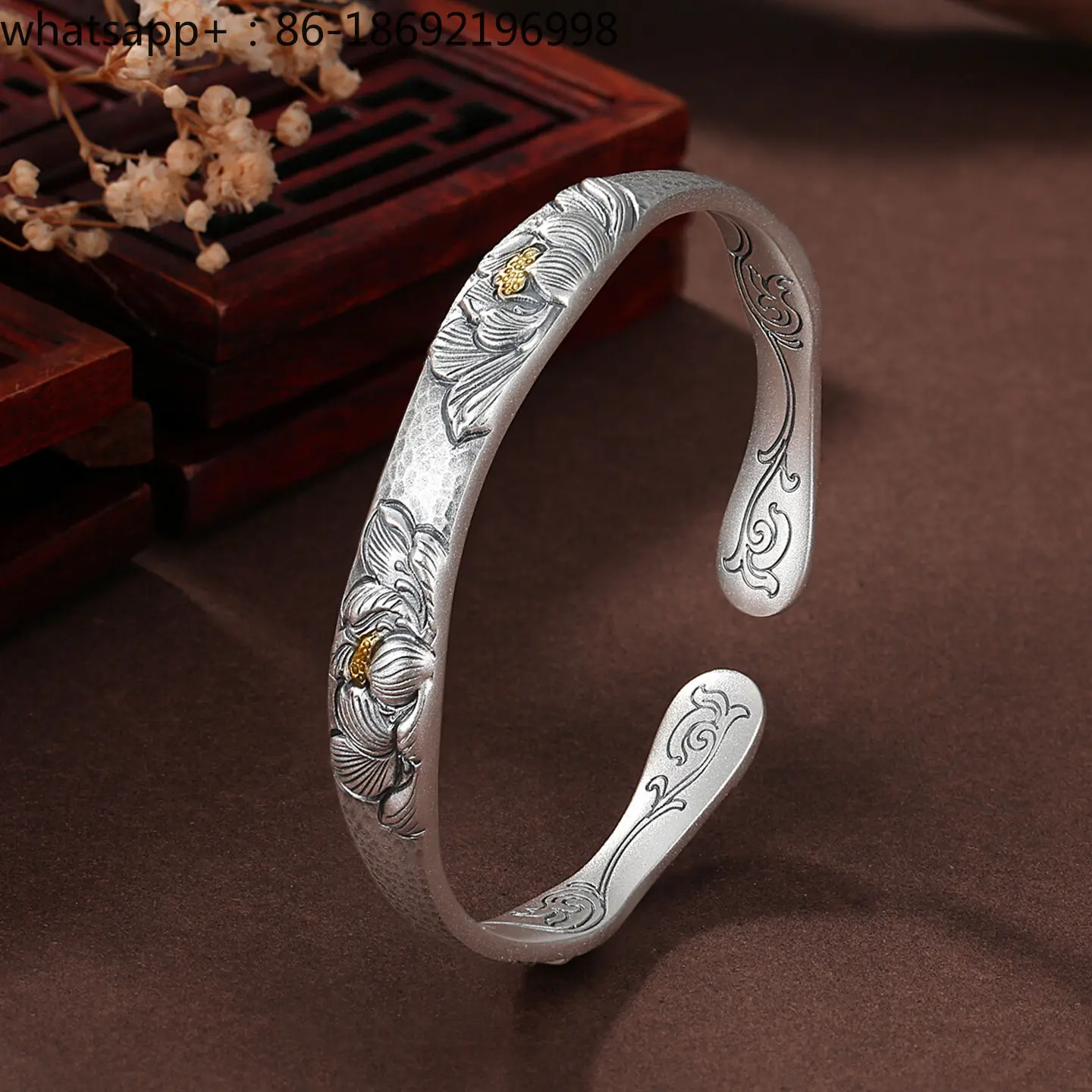 Lotus Silver Bracelet 999 Sterling Silver Women's Opening Solid Guochao Ethnic Style Handmade Embossed Silver Bracelet