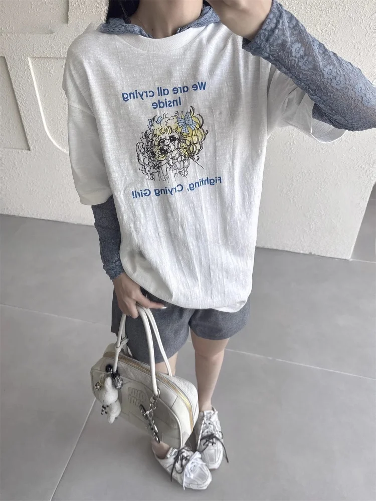 

Повседневная хлопковая футболка с круглым вырезом и коротким рукавом, с буквенным принтом, из чистого хлопка, летняя, новый стиль, универсальная, для отдыха, в стиле кэжуал.