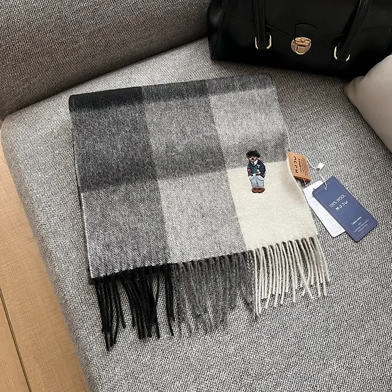 2023Winter BritishClassic Little Bear 100%Australian Wool Women's Scarf Fashionable Plaid Tassels Thickened Warm Waistwear Shawl