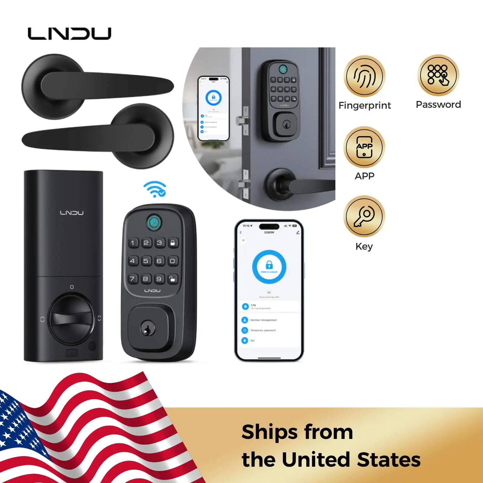 LNDU 스마트 잠금 장치 WL01 WiFi 출입 도어 잠금 장치(앱 제어 지문 인식 포함) 휴대용 충전식 배터리 설치가 용이함