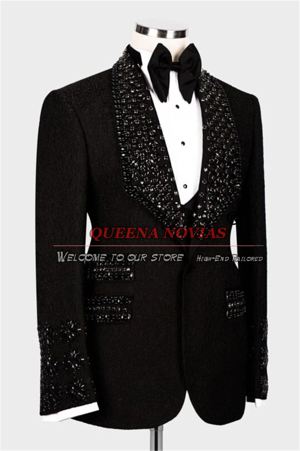 Traje de boda Jacquard Floral negro para hombres, cuentas de cristal de lujo con esmoquin, solapa para novio, conjuntos de Blazer de graduación de moda masculina de talla grande