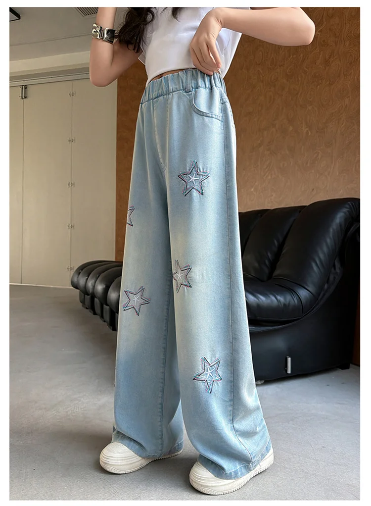 Jeans für Teenager-Mädchen mit Stern-Stickerei, Sommerliche Casual-Mode, Kinder-Jeans mit weitem Bein, Dünne Leichte Schulhosen aus Denim – Detail 7