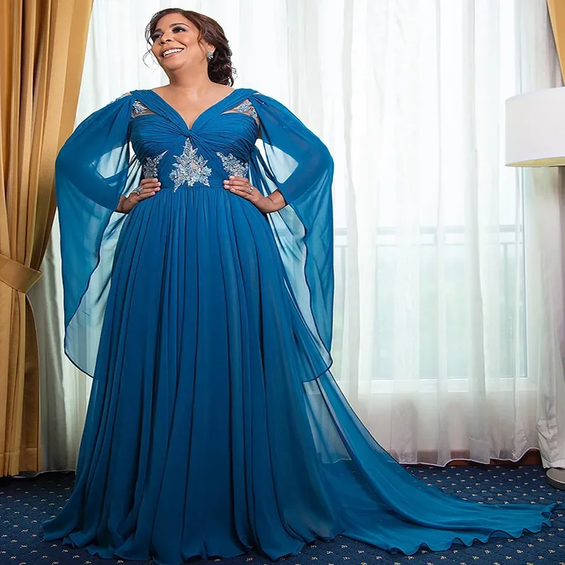 Luxury Blue Mother Of The Bride Dress Plus Size 2026 Elegant Caped Dubai Evening Dress For Wedding Guest Wear Sexy Backless