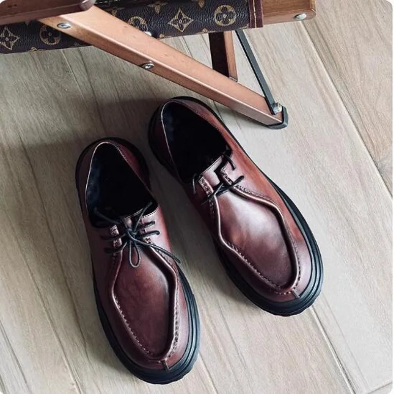 2026 Coffee Formal Business Shoes for Men Handmade Cow Leather Men Platform Wedding Dress Shoes