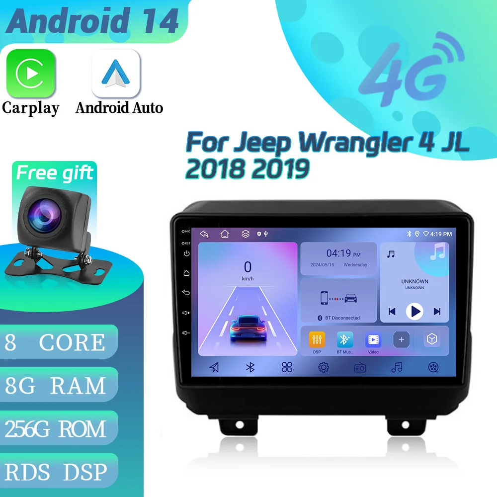 

Android 14 для Jeep Wrangler 4 JL 2018 2019, автомобильный радиоприемник, 4G, GPS, стерео навигация, беспроводной Bluetooth Carplay, стерео, сенсорный экран