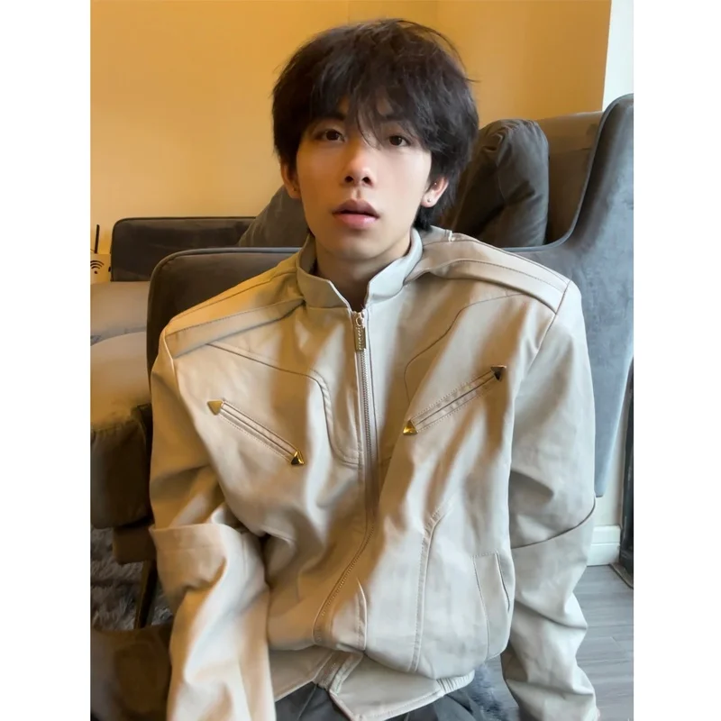 

American Retro ort Padded oulder Leather Jaet Men's Spring Autumn High Sensation Cleanfit Pilot Motorcycle Jaet