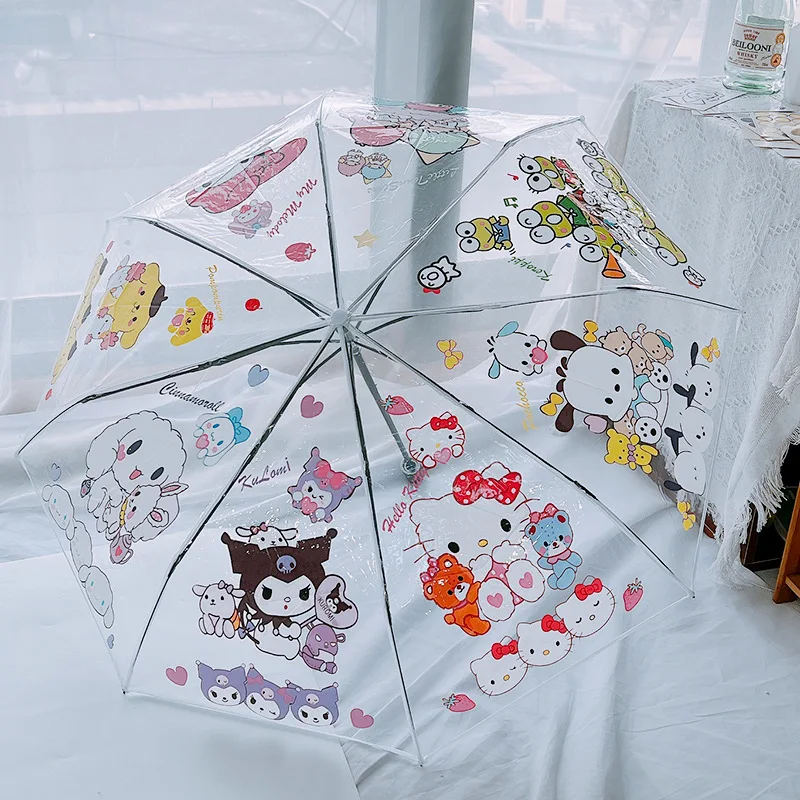 Anime Sanrio przezroczysty składany parasol Kawaii Cartoon Hello Kitty Cinnamoroll chłopiec dziewczyna przenośny parasol prezent na boże narodzenie dla dzieci